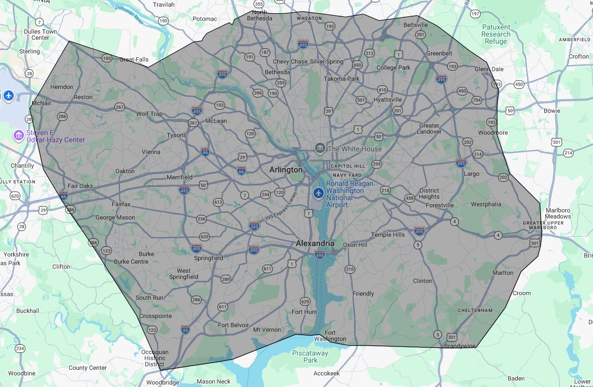 Revival Flooring service area map for Washington, DC, Northern Virginia, and Maryland